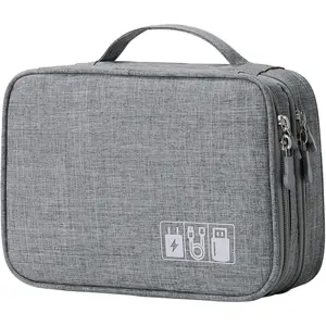 Electronics Organizer,  Accessories Double Layer Travel  Organizer Cord Storage Bag for Cables, Power , USB Flash Drive and More Gray