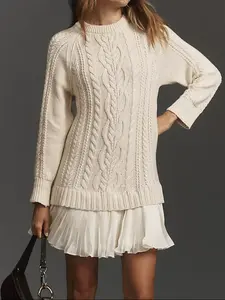 Women's Round Neck Long Sleeve Knitted Sweater Dress, Knit Texture Hem Patchwork Pleated Skirt, Elegant Casual Spring & Fall