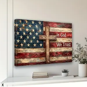 The product is a 2D flat item, 1 piece framed decorative painting with wooden frame, 2D flat, framed, American flag wall decor for living room, vintage American flag and cross canvas print, classic American-themed artwork for farmhouse bedroom and office