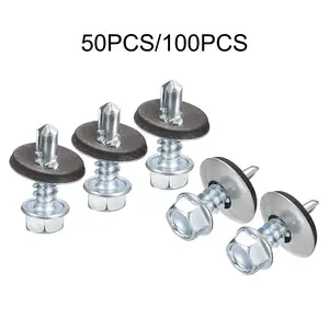 50/100pcs Heavy Duty Hex Self-Tapping Screws - Water-Resistant, Rust-Proof with Washers, Suitable for Outdoor Metal Roofs, 4.8mm x 19mm, Galvanized Surface, Hex Cap Screws