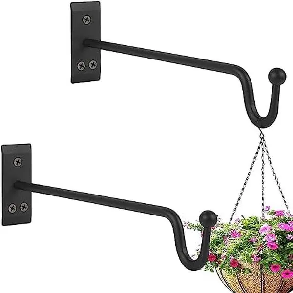 Matte Black 2-Pack 12-Inch Rust-Proof Coated Heavy-Duty Metal Wall Mount Plant Brackets, 2 Plant Hooks with 6 M5 Screws, Decorative Hanging Accessories for Planters (20 lbs Capacity)