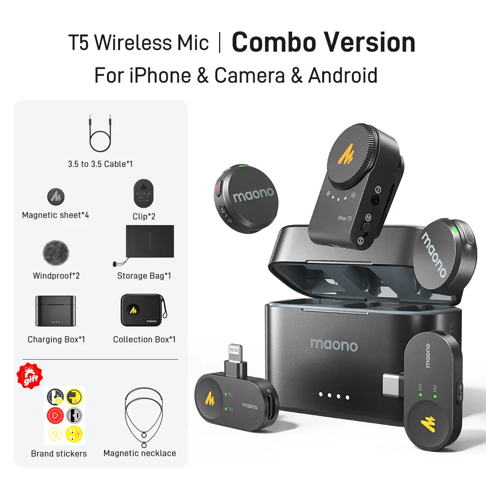 Maono T5 Magnetic Chargeable Lavalier Wireless Microphone with Charging Case, Audio Noise Reduction, Adjustable Cable, Compatible with PC Cameras, iPhones, Type-C/Lightning Android Phones, Vlogging Kit for TikTok Streaming, Recording, Smartphone, Lapel