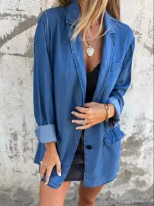 Full Size Button Down Denim Blazer Plus Size