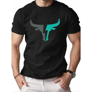 Men's Casual Short Sleeve Crew Neck T-Shirt with Bull Head Graphic - Black with Teal Geometric Design, Lightweight Polyester Blend, Perfect for Summer, Outdoor & Home Wear, Casual Summer Wear| Bull Head Design| Smooth Fabric