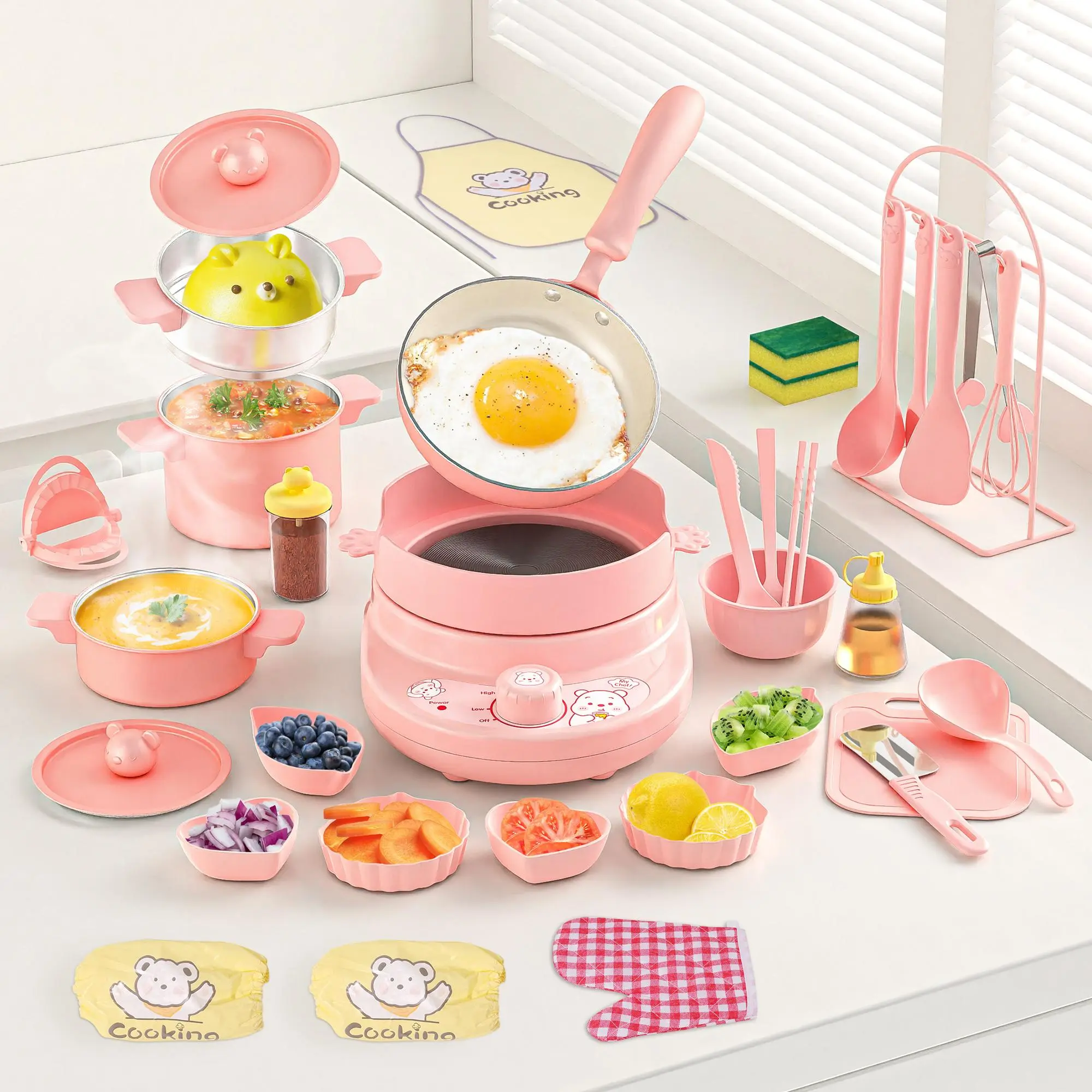 Kids Cooking Sets Real Mini Kitchen, Pink Cooking Set for Kids Ages 8-12, Safe Food Making Montessori Toys with Dishes & Knife Set, Beginner Cooking Educational Gift for Girls