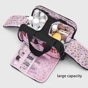 Travel Cosmetic Makeup Bag, Lightweight Large Wide-open Travel Bag for Women, Puffy Toiletry Bag Organizer with Handle for Accessories,Essentials, Toiletries