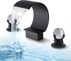 Waterfall Bathroom Faucet 3 Hole Widespread, 8-Inch High Arc Bathroom Sink Faucet with Supply Hoses, Dual Crystal Handles Vanity Mixer Tap, Modern Matte Black Faucet for Lavatory/Vanity