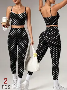 2026 Viral Polka Dot 2 Piece Outfits for Women, Red White Dots Crop Cami Top with Open Back + Medium Waist Tummy Control Butt Lifting Leggings Set, Y2K Aesthetic Casual Workout Activewear, Summer Streetwear Loungewear for Gym Yoga Running Daily Wear