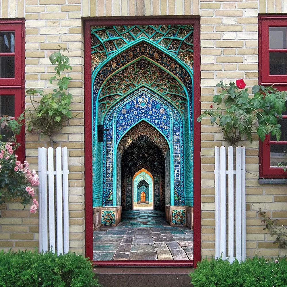 2pcs Islamic Style Archway Wall Sticker Middle Eastern Cultural Art Decoration Self Adhesive Wallpaper Waterproof Removable Mural Decal for Living Room Hallway Corridor Home Decor
