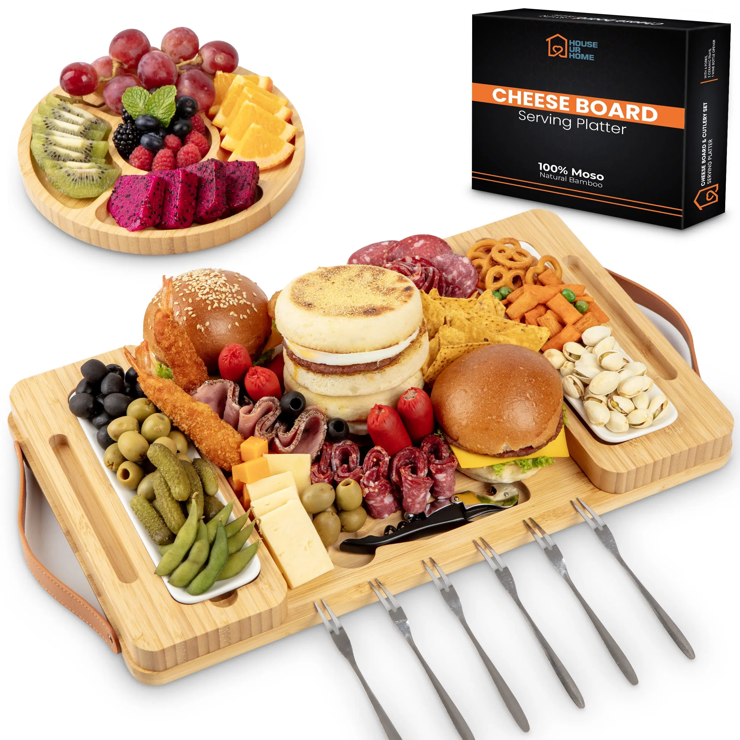 Bamboo Charcuterie Board Set with Magnetic Removable Side Trays Fruit Tray Handles & Bonus Recipe Book for Cheese Platter Tableware Durable Easy to Clean Gift Set