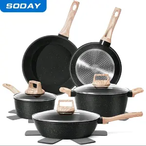 SODAY Non-Stick Cookware Set with Wooden Handles - 5-Piece Kitchen Pots and Pans for Easy Cooking and Cleaning