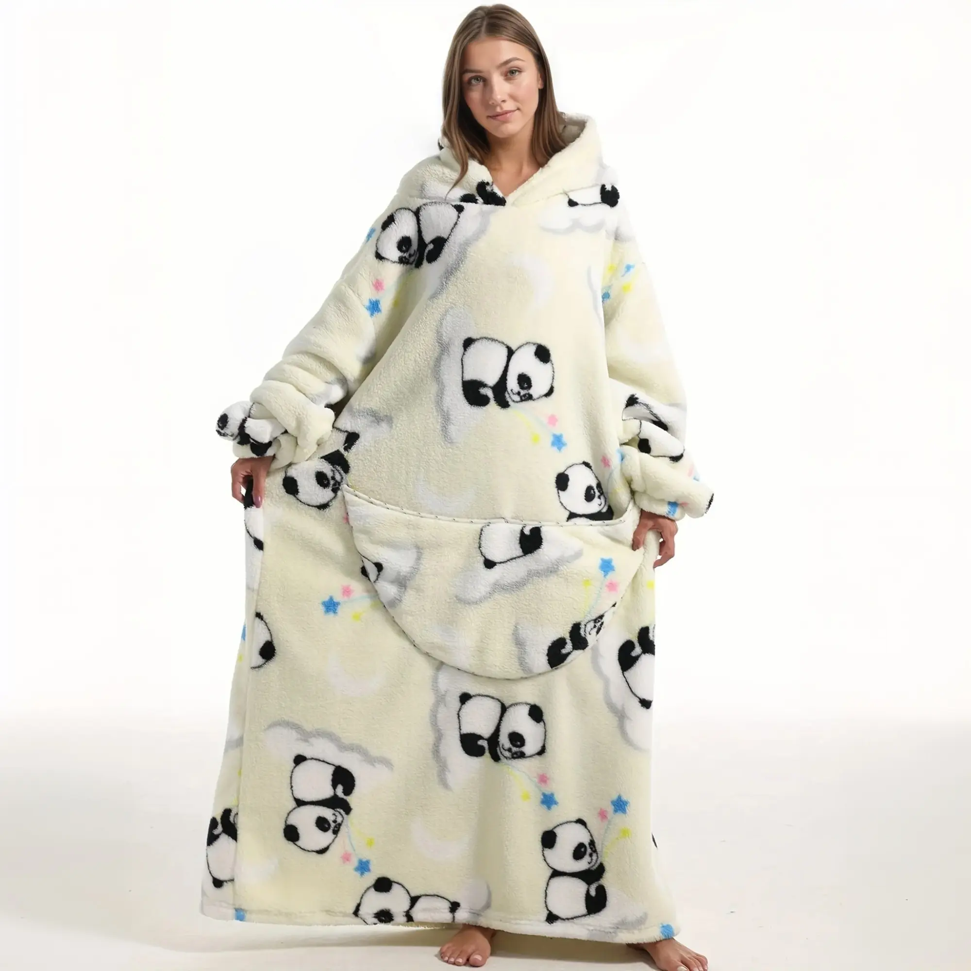 Lightweight Cozy Fleece Panda and Animal Print Blanket Hoodie for Adults, Breathable Oversized Wearable Blanket for Summer, Perfect for Air-Conditioned Rooms, Lounge and Gifting