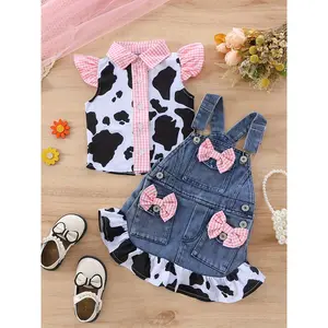 (New)[Girls' Cow Print Dress Set] New Girls' Cow Print Plaid Shirt + Denim Pocket Pleated Skirt with Ruffled Back Suspender Dress Set, Ruffle Sleeves, Perfect for Outdoor