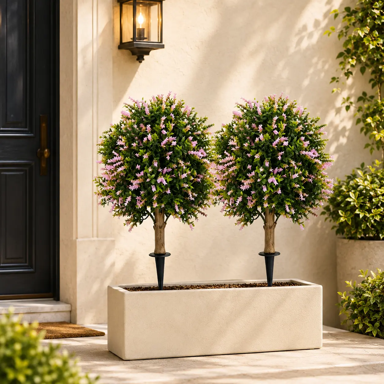 2 Pack 24 Inch Artificial Flower Topiary Trees with Ground Stakes, Lifelike Pink Faux Flowering Shrubs for Outdoor Garden, Porch, Patio, Planter and Entryway Decor sohochic