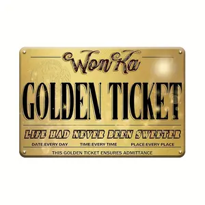 Vintage Metal Aluminum Sign 8x12 Inches, Wonka Gold Ticket Fun Logo, Novelty Cave Metal Plaque, Waterproof Dustproof Wall Decor