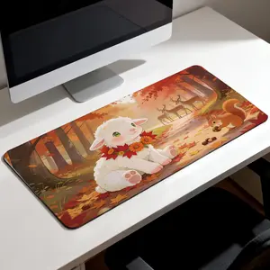 Premium White Lamb Autumn Leaf Garland Squirrel Forest Illustration Mouse Pad, 40x80cm High-Quality Non-Slip Durable Pad for Office Gaming Daily Use, Comfortable Computer Accessory, Pad Mouse Pads