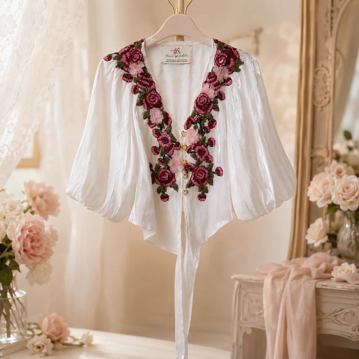 #292 LunaSparkle handmade designer Flower White Shirt