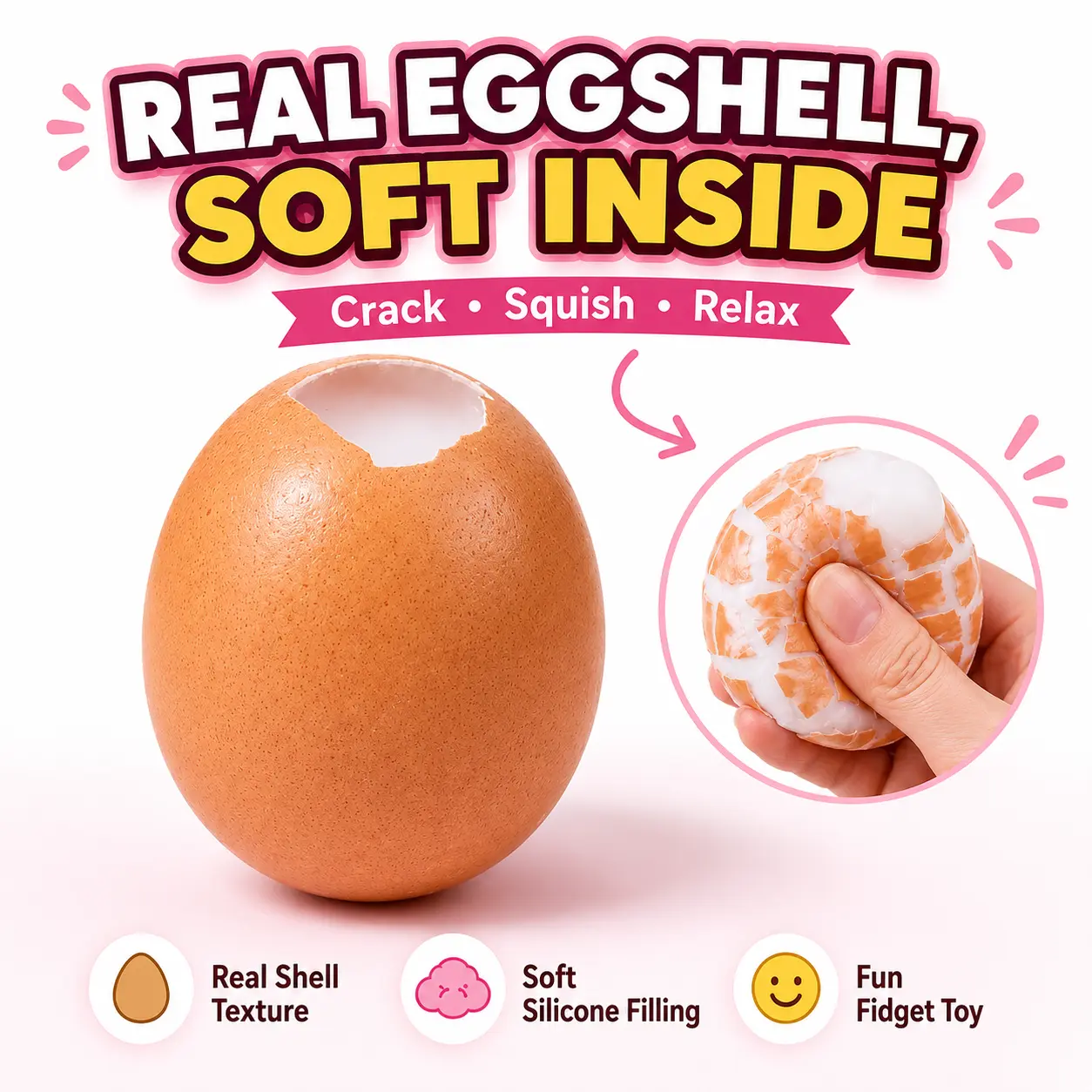 Real Eggshell Squeeze with Silicone Filling, Funny Egg Crack Stress Relief Squishy for Adults, Desk Decor & Novelty Gifts