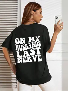 Women's Slogan Graphic Round Neck Drop Shoulder Tee, Fashion Casual Style Crew Neck T-Shirt for Daily Holiday Wear, Summer Clothes for Women, Women Tops for Summer