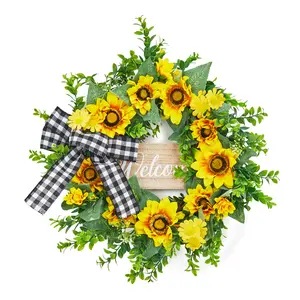 20 Inch Sunflower Wreath for Front Door, Spring Summer Wreaths with Yellow Blooms and Buffalo Plaid Bow, for Farmhouse Porch Window Wall Home Decor with Welcome Sign