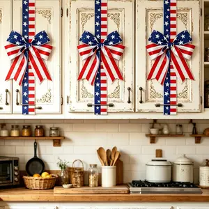 2pcs American Independence Day Bowknots, 100cm Star-Spangled Ribbon, Cabinet Door Window Decor, Patriotic Party Supplies, Patriotic Decorations