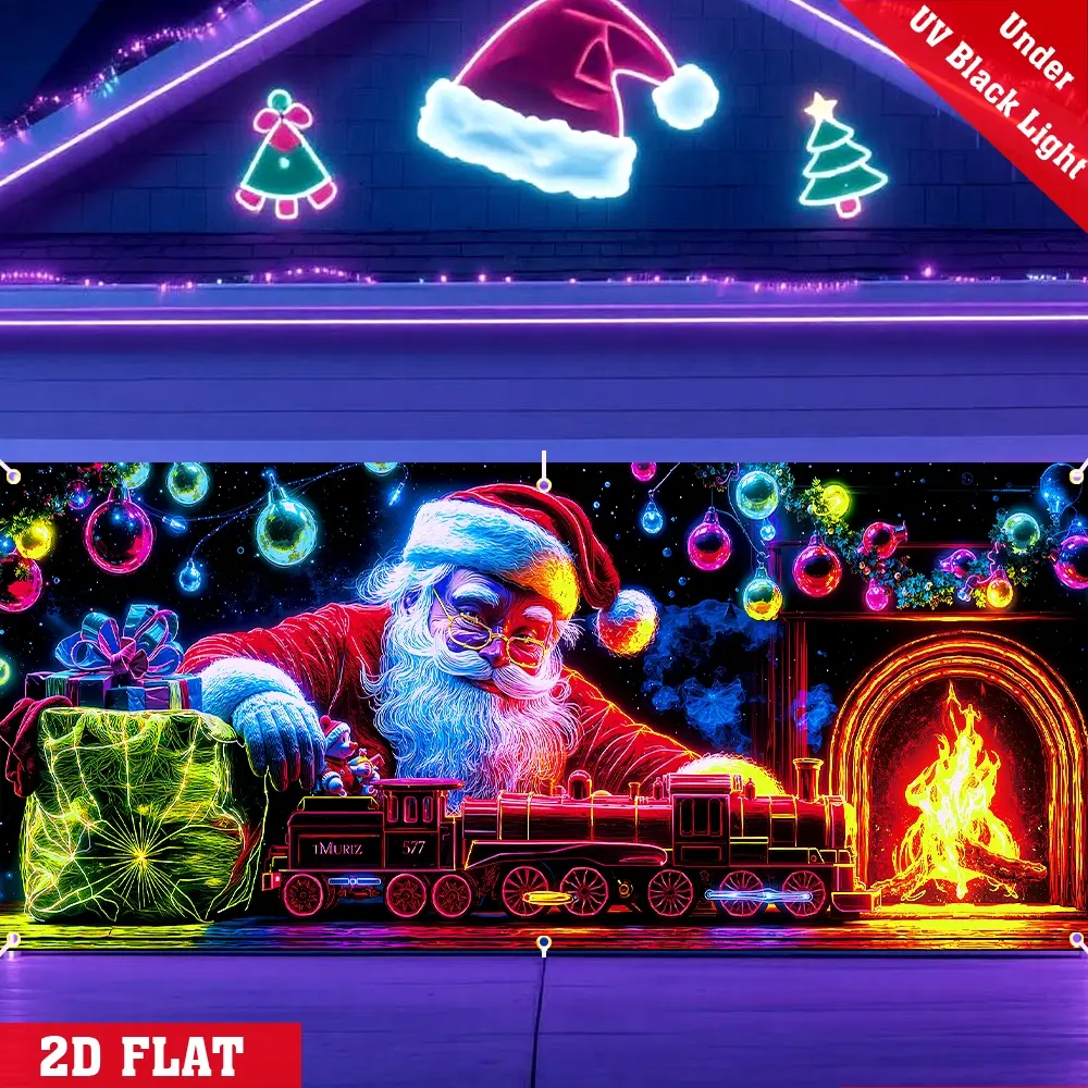 2D flat Christmas Garage Door Cover Banner, UV Activated, Glows In The Dark, Santa Claus Packs Toys, Oversized Polyester Decoration, Suitable For Outdoor/Indoor Parties, Holiday Wall Hanging, Yard Sign Banner