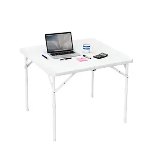 Garvee 34" Portable Folding Table - Square Plastic Fold-in-Half Utility Table with Collapsible Legs and Carry Handle, Ideal for Camping, Picnic, Office, Party, and Dining Use in White