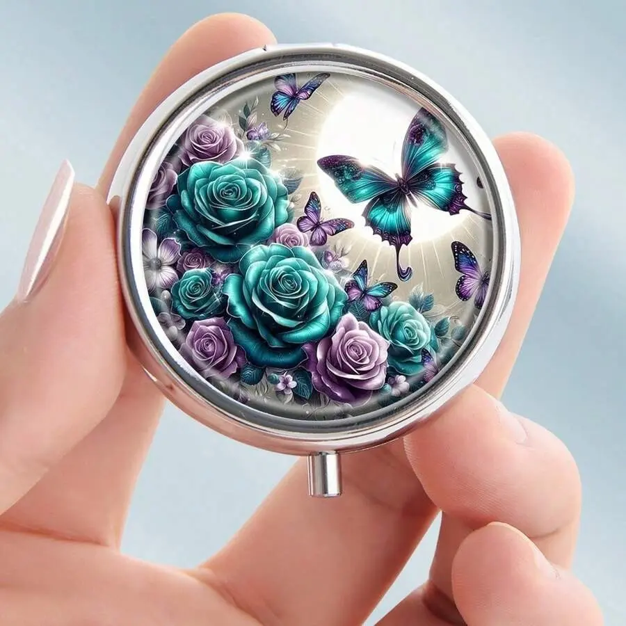 1PC Light Luxury Dreamy Blue-Purple Rose Butterfly Pattern Round Compartmentalized Pill Box - 3-Section Healthcare Organizer for Medicine/Supplements, Pocket-Sized Portable Travel/Pocket Storage Box, Unique Gift