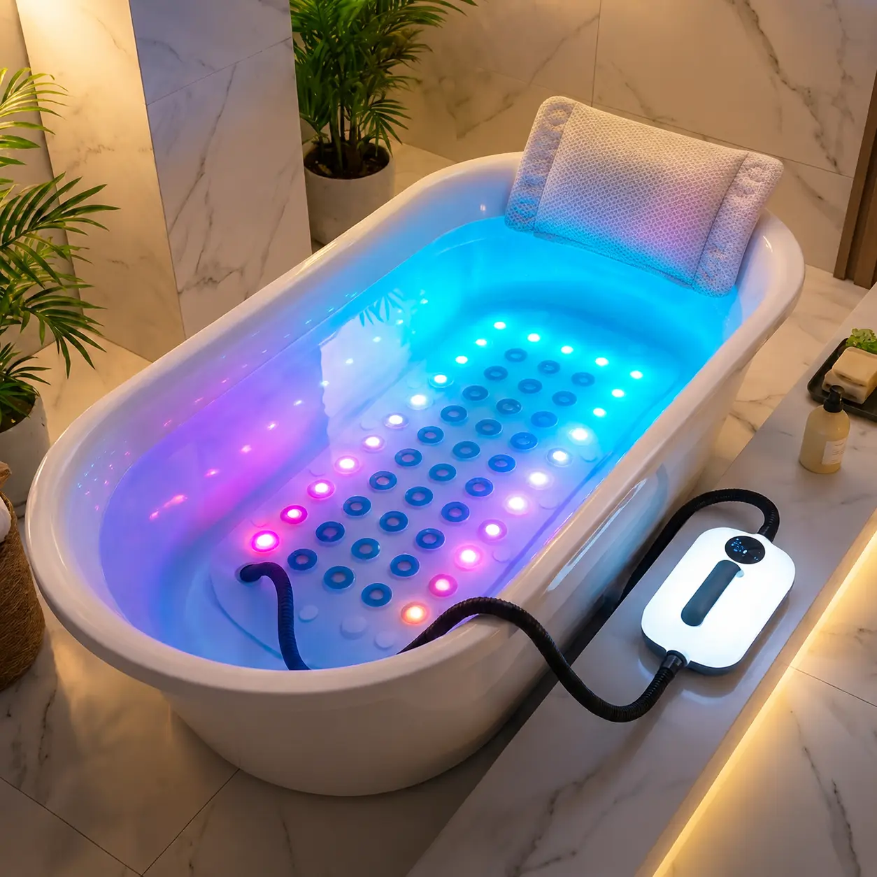 Perfect Gift for Mom,TK Exclusive Spa Magic Multicolor LED Experience 49in/44in Portable Spa Bubble Bath Massager Full Body Waterproof Mat for Bathtub 6-Speed Bubbles Remote Control Non-Slip Suction Cups for Home Relaxation