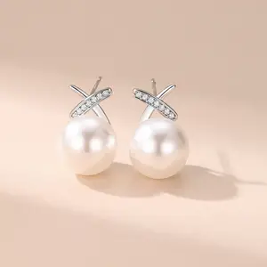 Ladies Elegant Silver Crystal Imitation Pearl Earrings, Crystal Cross Design with Large Pearl Drop, Luxurious Statement Jewelry, Perfect for Wedding Parties, Daily Wear and Gift for Her