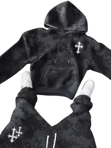 Men's Tie-Dye Cross Pattern Print Long Sleeve Hooded Sweatshirt + Cross Pattern Print Ribbed Jogger Set Spring/Fall Pullover Hoodie Regular Fit Sports Jacket with Drawstring Waistband & Elastic Ankle Cuffs Casual Pants Two-Piece Set Suitable for Street St