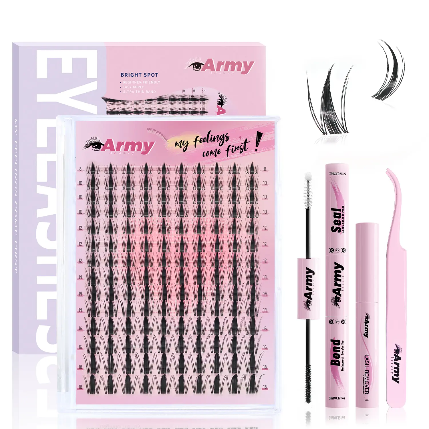 ArmyBeauty Manga C Curl Wet Look Cluster Individual Lash Extension, 8-18mm 140 Pcs Fairy Style Lash Clusters,  Longlasting Lash Bond+Seal+Remover+Tweezer, Soft Thin Band Makeup