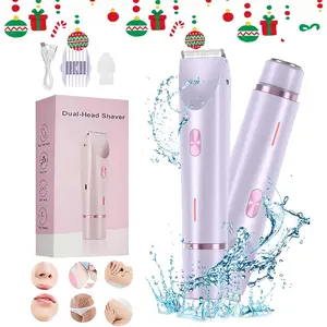 Bikini Trimmer for Women, Electric Shaver and Razor Rechargeable 2-in-1 Bodyand Facial Hair Removal Double Head forPainless Trimming of Pubic Face UnderarmLegs,IPX7 Waterproof, pink