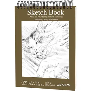 9x12 Inch Artistic Sketchbook, Top Spiral Bound, 100gsm Sketch Paper, Dark Brown Hard Cover, 100 Sheets for Drawing and Painting