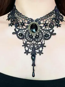 Vintage Black Lace Choker Necklace with Oval Black Gem & Pearl Accents, Gothic Victorian Style Jewelry for Women, Witches Knot Necklace