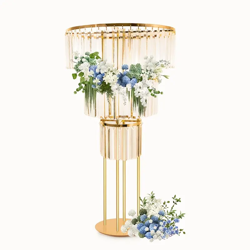 Wedding gold vase center piece crystal flower stand with hanging crystal, 3-layer round chandelier base, used for wedding road guide T stage flower arrangement decoration