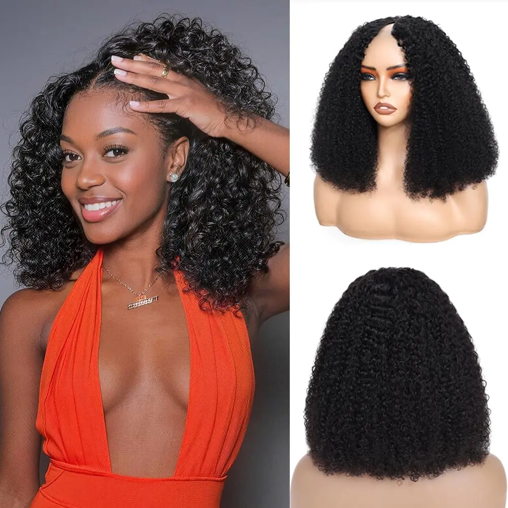 Burmese Curly V Part Wig Invisible Drawstring Human Hair Wig V Part Burmese Curly Wig Human Hair  200% Density Upgrade U Part Wig with Adjustable Drawstring No Leave Out Glueless V Shape Full Head Clip In Half Wig Human Hair Wig for Black Women