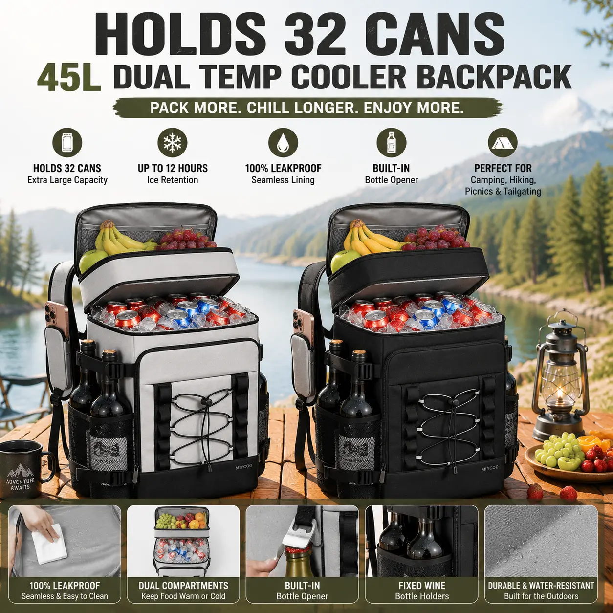 45L Insulated Cooler Backpack - 100% Leakproof 32 Cans Dual Temp Dual Compartment Soft Ice Chest, 12H Ice Retention Keep Food Warm, Built-in Opener Wine Holder for Beach Camping Hiking Outdoor Travel