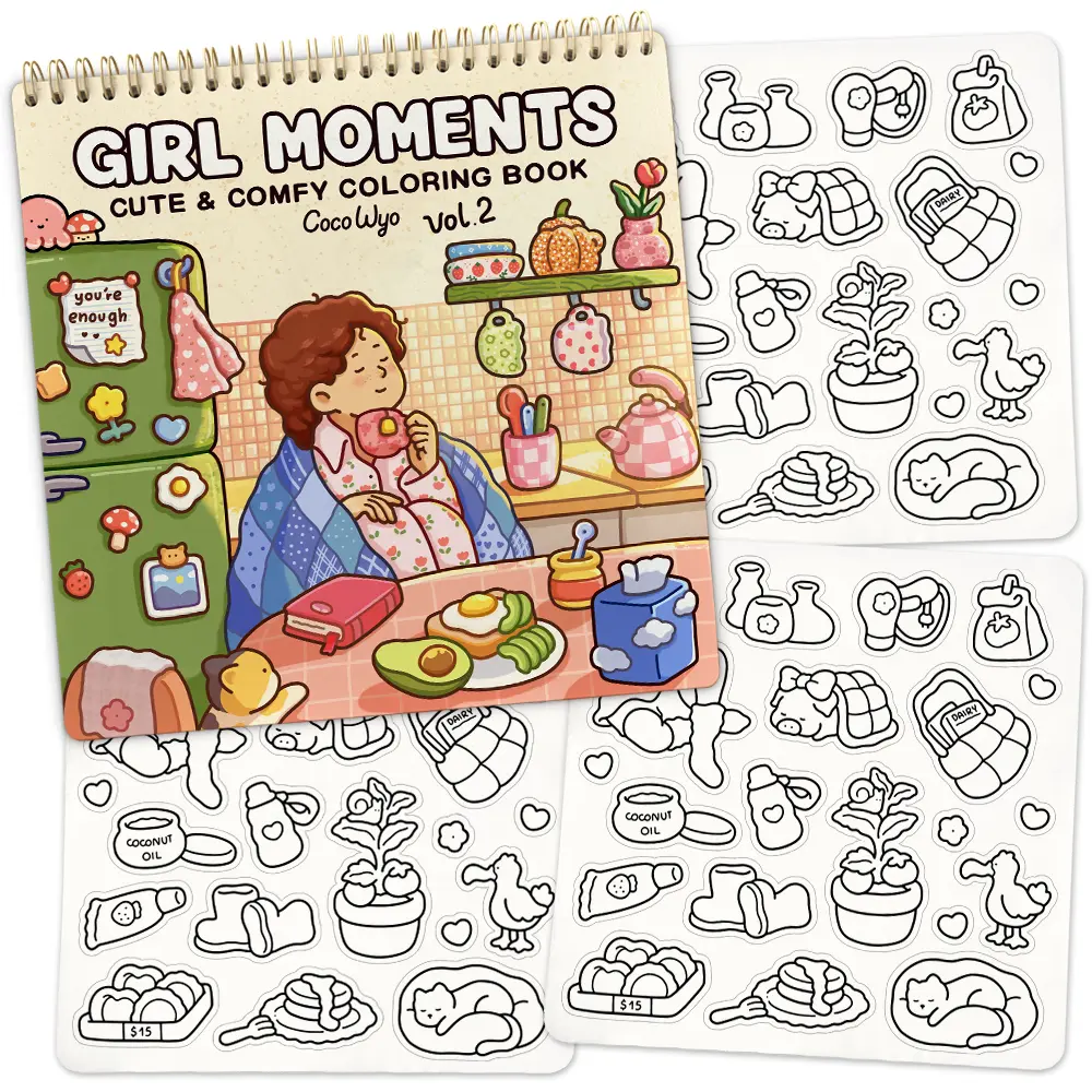 Coco Wyo Girl Moments Vol.2 Coloring Book (Spiral Bound) & Sticker Set - Cute Girly Gifts, Beginner Friendly