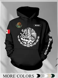 Men's Mexican Eagle Snake Hoodie, Winter Casual Fitted Sweatshirt, Cartoon Pattern Graphics, Street Style, National Cultural Trendy Clothing, Graphic Hoodies
