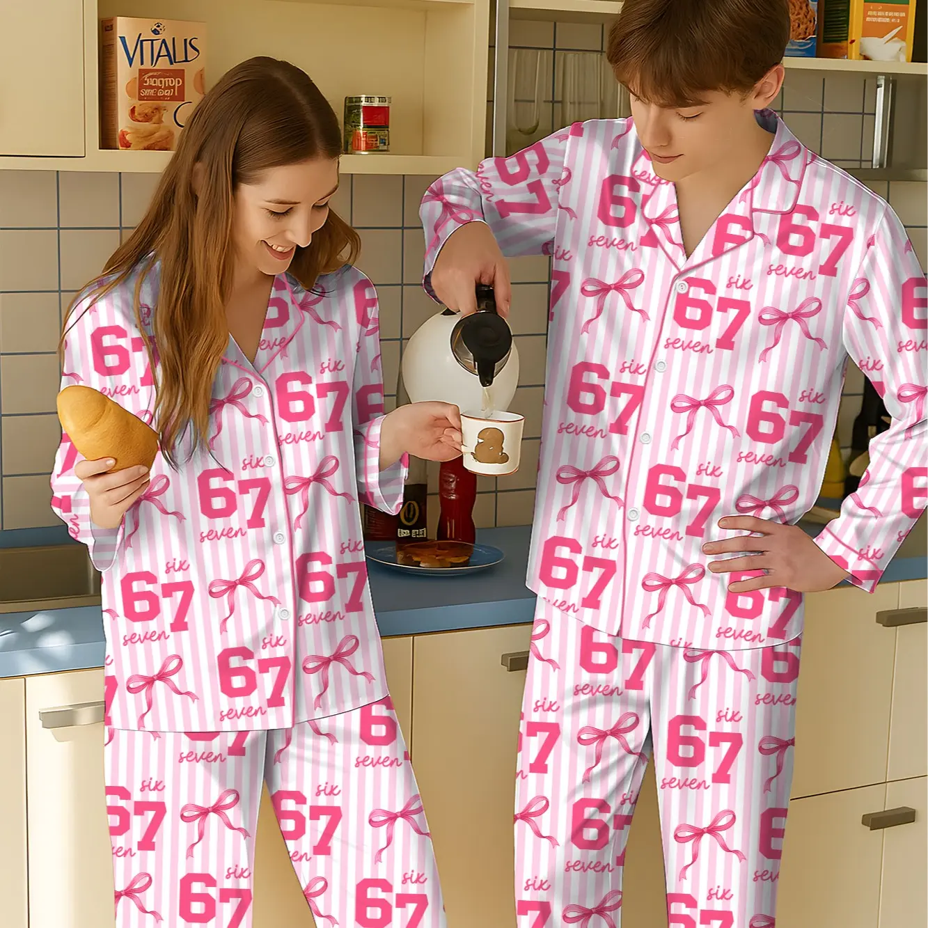 67 Meme Pajamas Set for Women | Pink Bow Six Seven Pajama Set | Funny TikTok Viral PJs | Cute Satin Long & Short Sleepwear