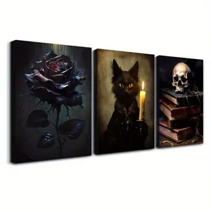 3PCS 2D Flat Gothic Halloween Canvas Wall Art Set - Black Rose, Cat & Skull Framed Prints, Ready To Hang for Home & Bar Decor, Ideal Spooky Mother’s Day Gift