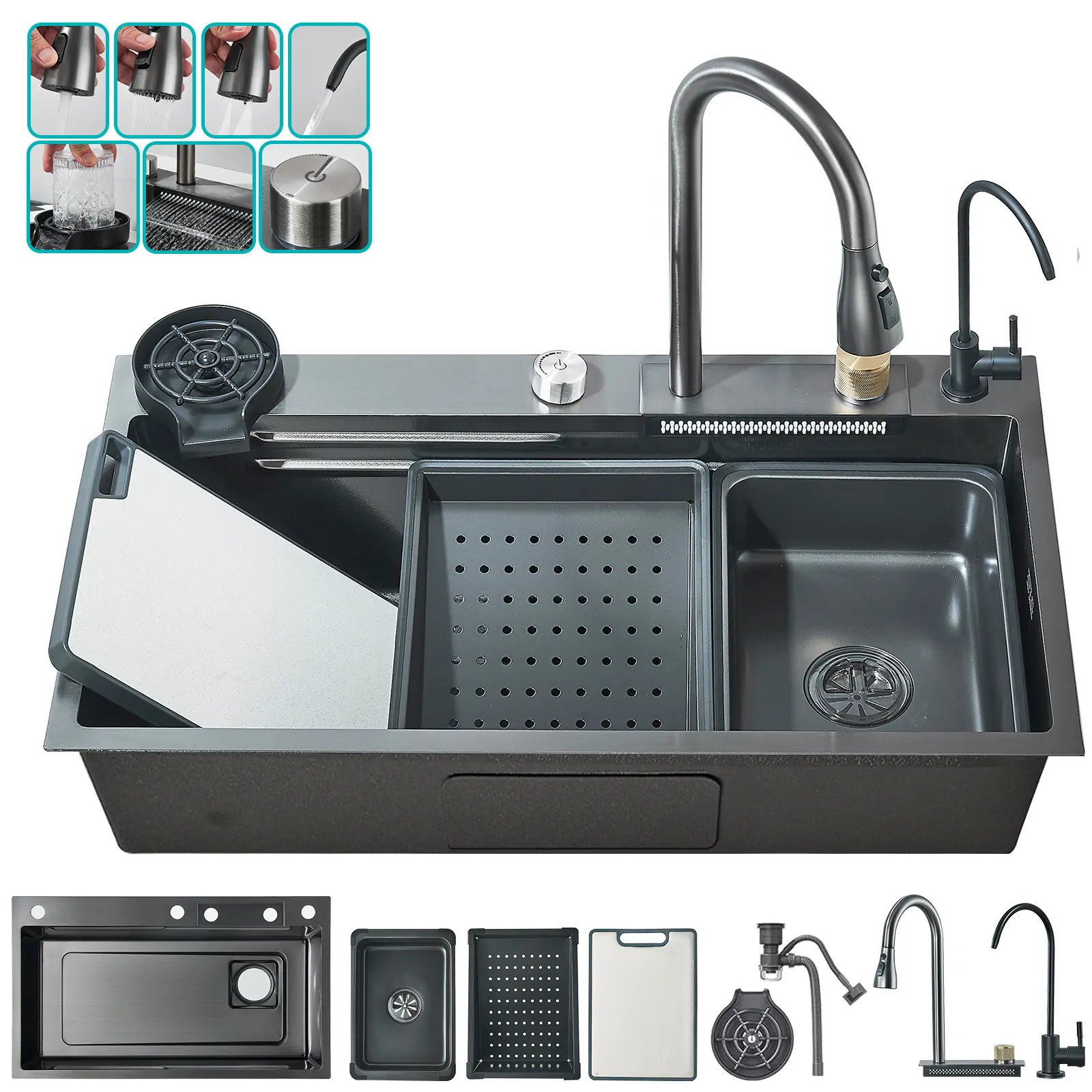 Modern Stainless Steel Kitchen Sink 31.5x18 inch Drop in Single Bowl Matte Gray Waterfall Kitchen Sink with Pull Down Faucet，Drain Assembly Accessories Flying Rain Mixer Faucet