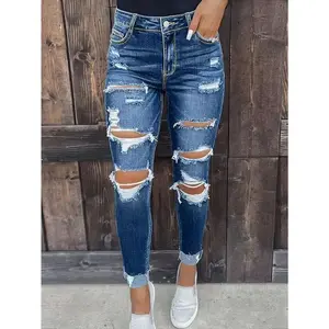 Women's Ripped Mid-Rise Boyfriend Loose Fit Distressed Stretch Jeans