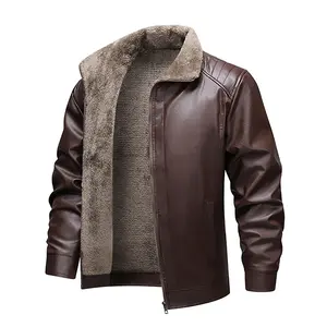 Men's Winter Fleece-Lined Warm Leather Jacket with Lapel Collar Simple Stylish Design Skin-Friendly Comfort for Outdoor Activities and Everyday Wear