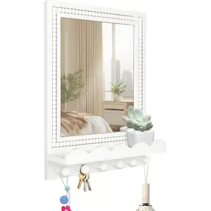 16x12 Inch Wall Mount Beaded  Framed Mirror with Shelf and 6 Hooks, White Decorative Entryway Mirror with Storage for Laundry Room, Bathroom, Bedroom