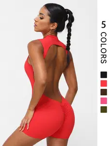 Women's Solid Color Sporty Jumpsuit, Workout Jumpsuit, Activewear Clothing, Sexy Tight Fit Sleeveless Backless Design, Fashionable Comfortable Yoga Fitness One-Piece