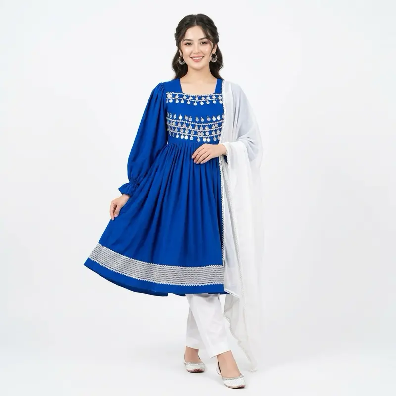 Women's Traditional Original Afghani Casual Red Dress - Long Sleeves, White Embroidered Trim