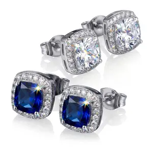 Cushion Cut Halo Stud Earrings, Cubic Zirconia & Sapphire Color Options, Silver-Tone Statement Jewelry for Women