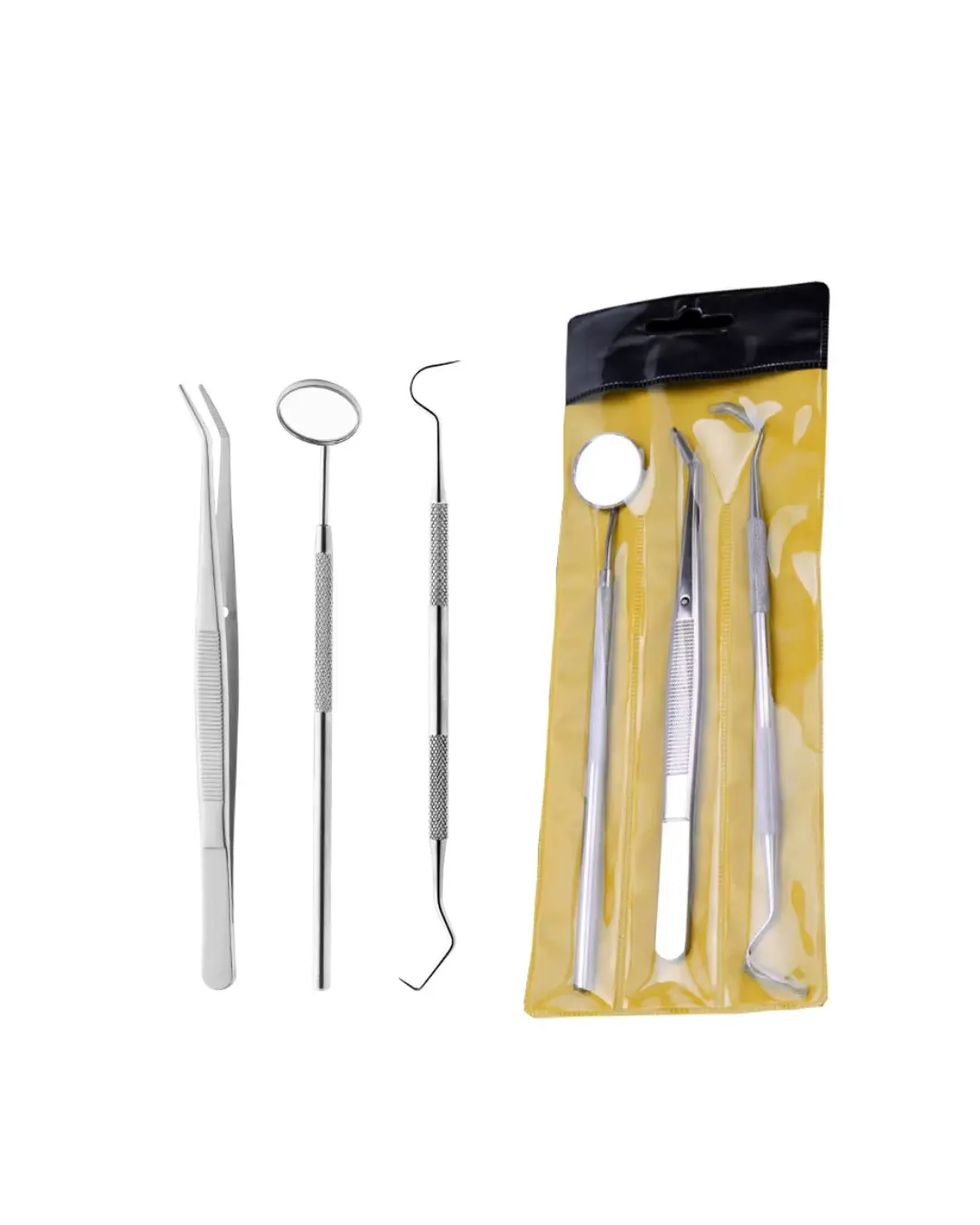 3pcs Stainless Steel Oral Care Kit - Pick, Tooth Scraper, Tartar Tweezers, Mouth Mirror for Hygiene